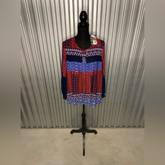 Women’s NWT Desigual Red Blue Yellow Button Up Long Sleeve Blouse Size Medium - Picture 2 of 5